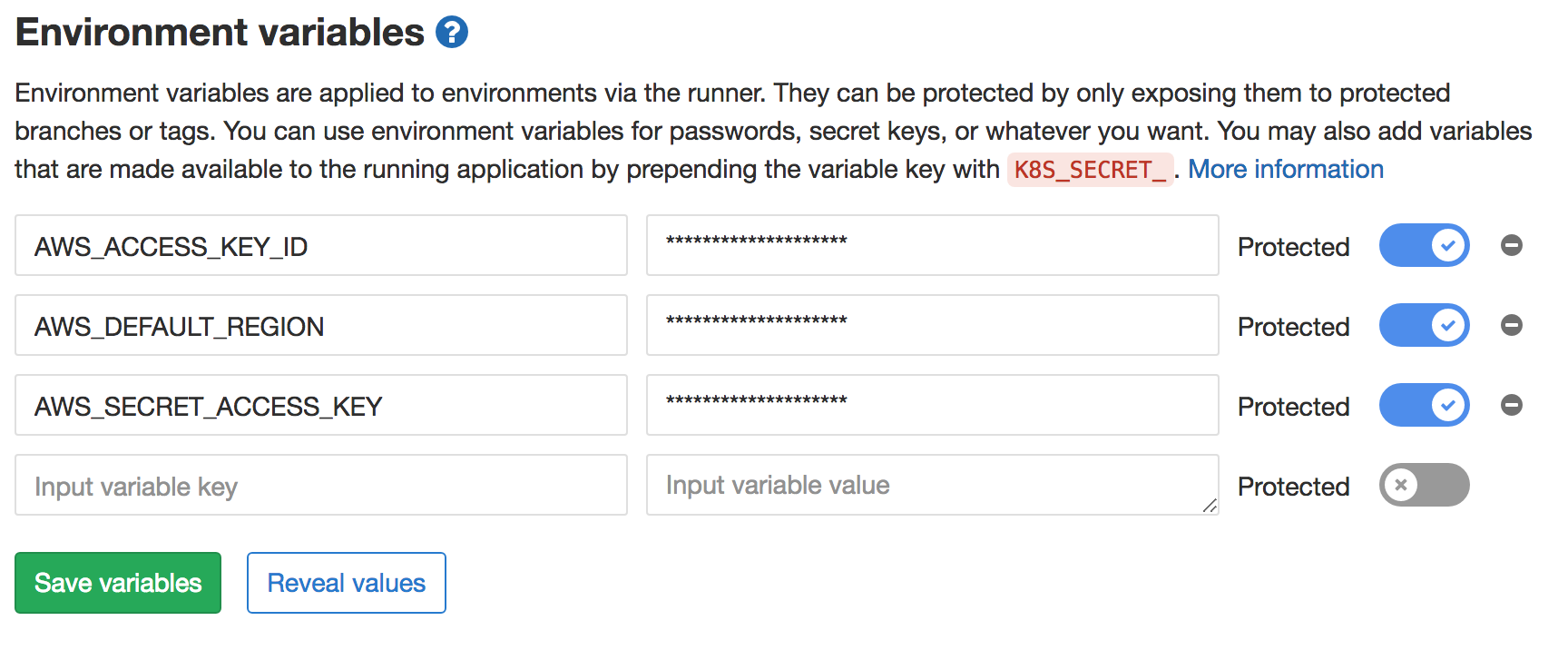 The gitlab web interface showing the creation of 3 CI environment variables, AWS ACCESS KEY ID, AWS DEFAULT REGION, AWS SECRET ACCESS KEY