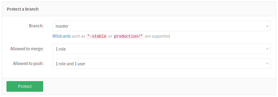 The gitlab web interface showing the setup of a protected branch. The branch 'master' is selected and the UI indicates that 1 role is allowed to merge.