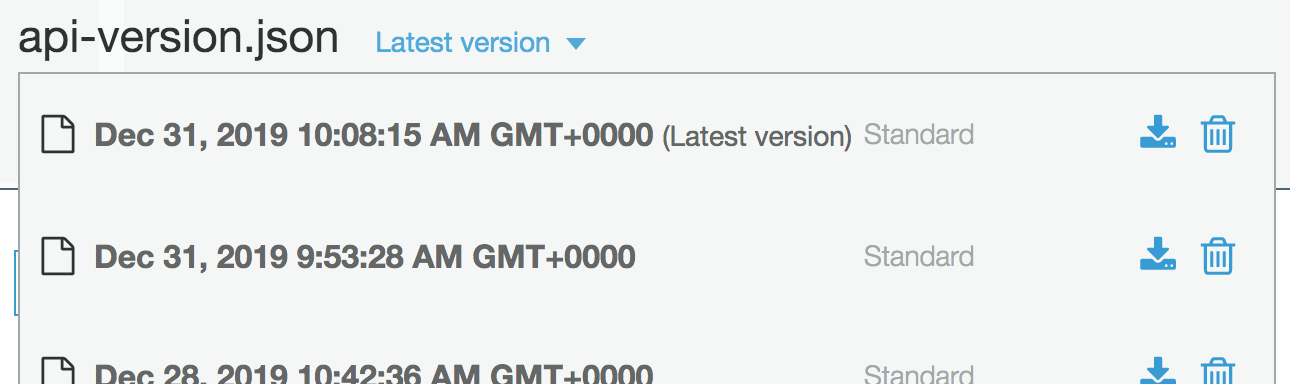 A list of old versions of the file api-version.json in the AWS S3 web console.
